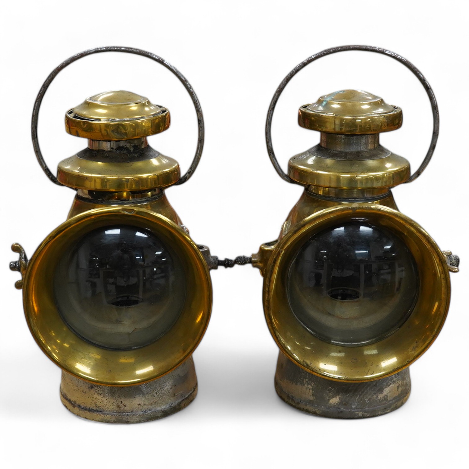 A pair of brass side lamps by Lucas Ltd. Birmingham, “King of the Road” No.740, both with early conversions to electricity, missing original burners, but fitted with small bayonet lamp fittings. Condition - fair to good.